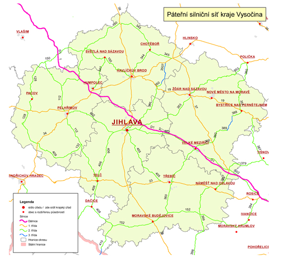 Mapa - Páteřní síť kraje Vysočina 