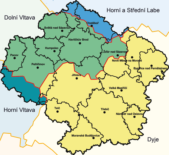 Map - The borderline of the divide of large Bohemian and Moravian rivers runs through Vysočina.