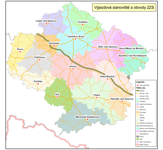 Mapa - Výjezdová stanoviště a obvody ZZS