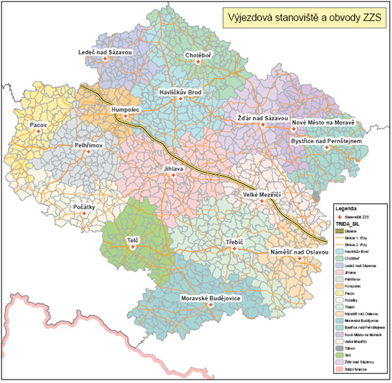 Mapa - Výjezdová stanoviště a obvody ZZS